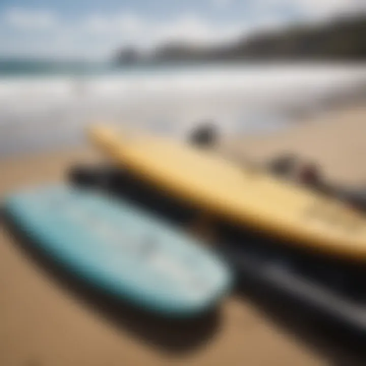 Essential surfing gear laid out on the beach, including boards and wetsuits