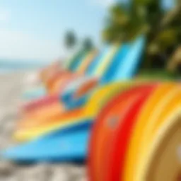 Colorful foam surfboards lined up on a beach