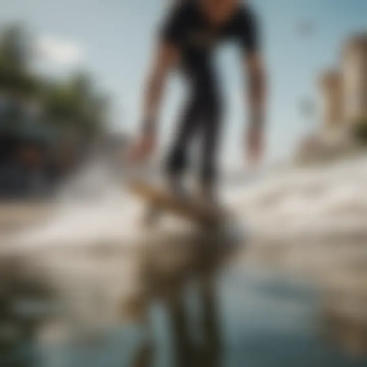 Skater performing tricks on a surfboard with cup sole skate shoes