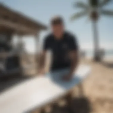 User applying detailer to surfboard in a sunny beach setting