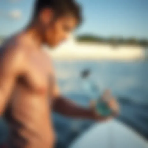 A surfer checking hydration levels with a water bottle in hand
