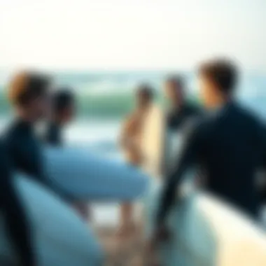 A group of surfers discussing techniques and sharing tips after a session