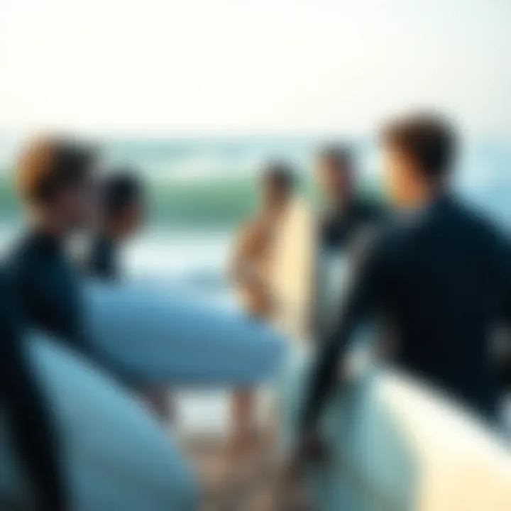 A group of surfers discussing techniques and sharing tips after a session