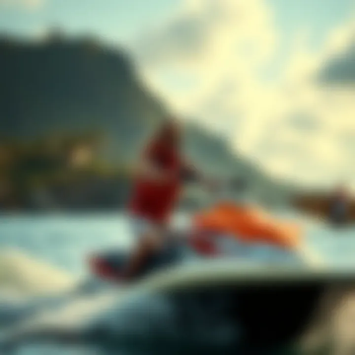 Celebrating Water Sports Culture Scenic beach with both jetski and surfboard enthusiasts