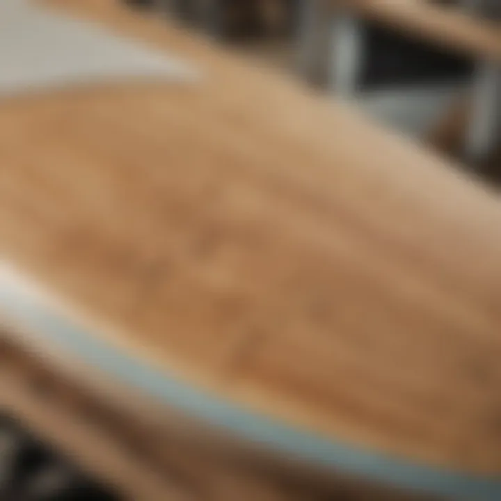 Close-up of a beater surf board showcasing its unique construction