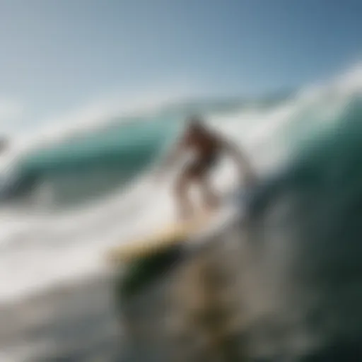 Dynamic view of a beater surf board riding the waves