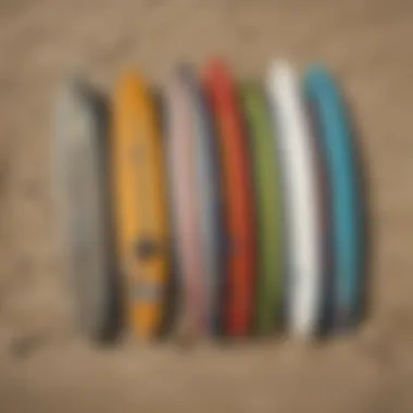 A variety of beater surf boards displayed on the beach