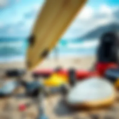 Essential surfing gear laid out on the beach ready for use