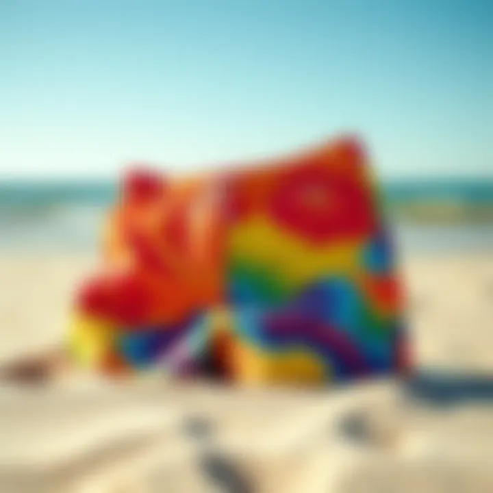Colorful boardshorts displayed on a sandy beach