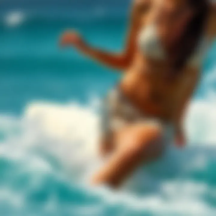 Woman surfing in stylish boardshorts