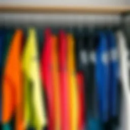 An array of colorful wetsuits hanging on a rack