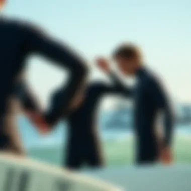 Perfect Fit: Surfer Checking Wetsuit A surfer inspecting the fit of a wetsuit before entering the water