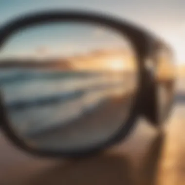 Close-up of sunglasses lenses reflecting ocean waves