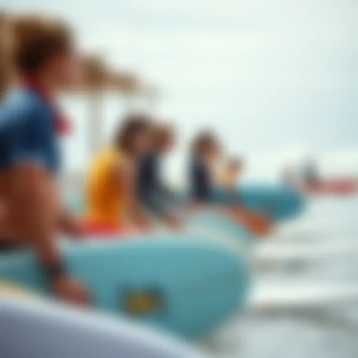 Surf School for Beginners A vibrant surf school with instructors guiding learners