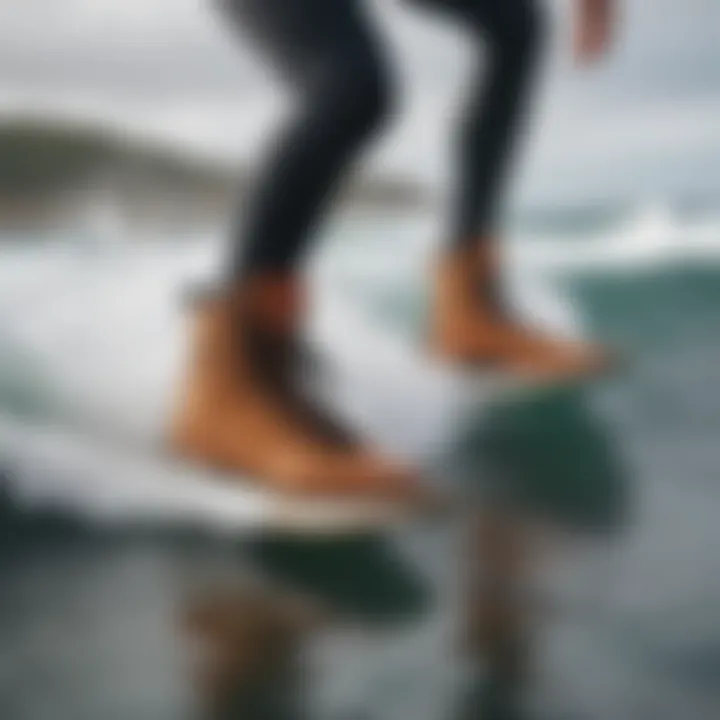 An ocean scene with a surfer wearing booties, highlighting their use in action