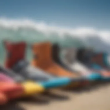 A display of various surfing booties featuring different styles and insulation levels