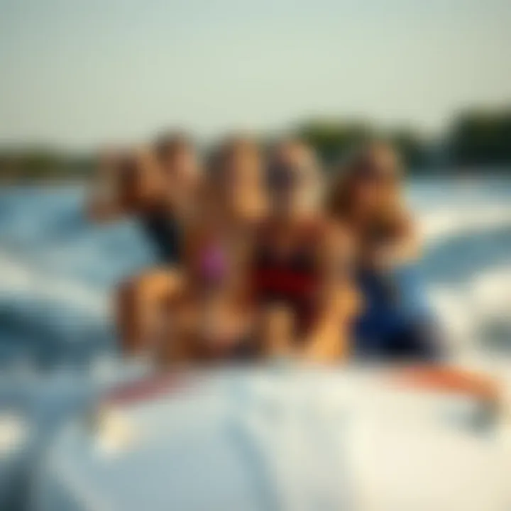 A group of friends enjoying wakesurfing behind a boat