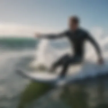 Surfing in Cold Water Wetsuit An athlete surfing on a wave, wearing a wetsuit designed for cold water conditions.