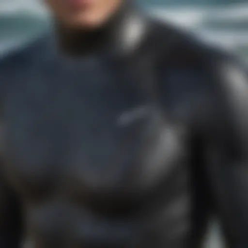 A close-up view of a high-performance wetsuit showcasing its intricate stitching and material texture.