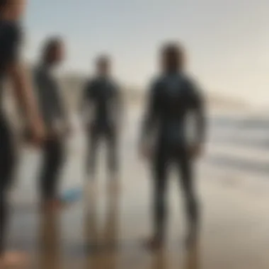 A group of surfers discussing wetsuit features on a beach, highlighting various styles and designs.