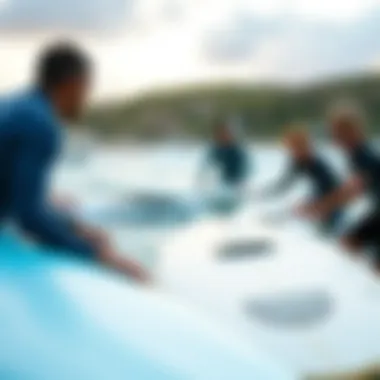 Group of surfers discussing inflatable surfboards