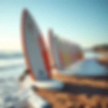 A pristine beach with inflatable surfboards on the shore