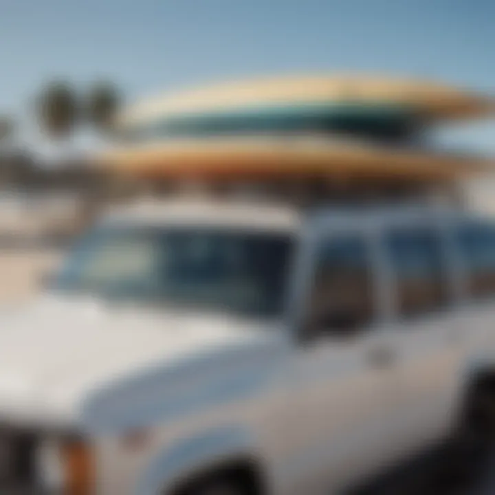 A close-up view of a car soft rack securely holding surfboards on a vehicle roof.