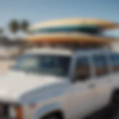 Secure Surfboard Transport with Soft Racks A close-up view of a car soft rack securely holding surfboards on a vehicle roof.
