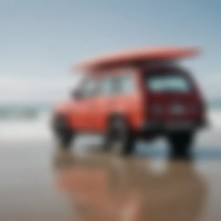 A scenic beach background with a car equipped with soft racks showcasing surfboards.