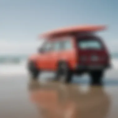 Soft Racks at the Beach: The Perfect Setup A scenic beach background with a car equipped with soft racks showcasing surfboards.