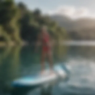 Inflatable Paddle Board in Action Side view of an inflatable stand-up paddle board on the water.