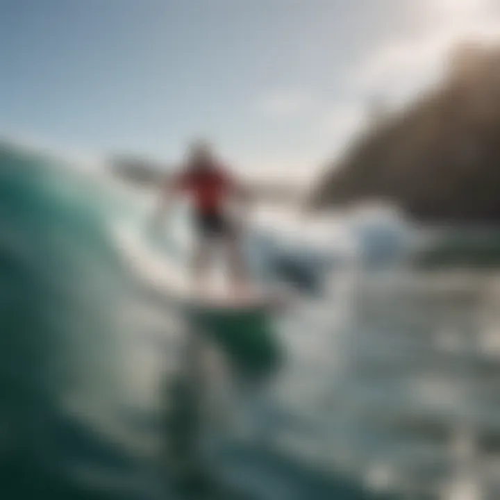 A surfer riding waves on an inflatable paddle board.