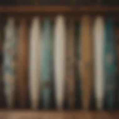 An array of surfboards showcasing different designs and brands