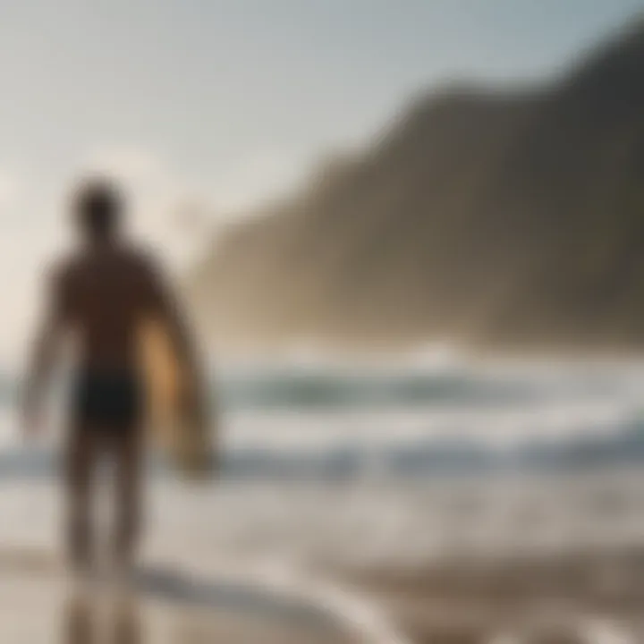 A serene beach scene with surfers enjoying the waves, embodying surf culture.