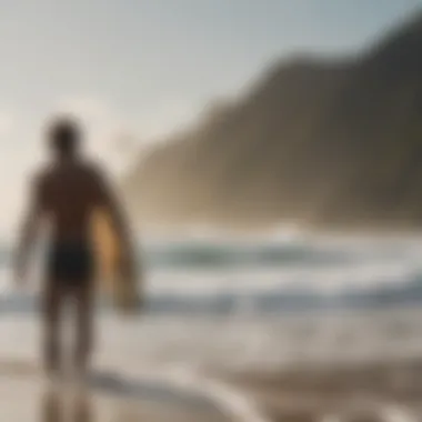 Embodying Surf Culture A serene beach scene with surfers enjoying the waves, embodying surf culture.