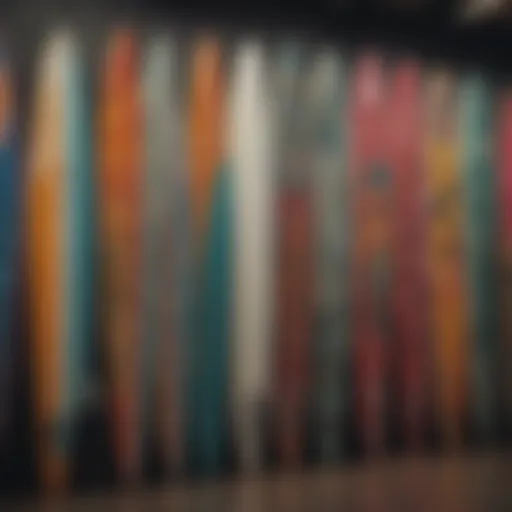 A vibrant display of surfboards showcasing various designs and colors.