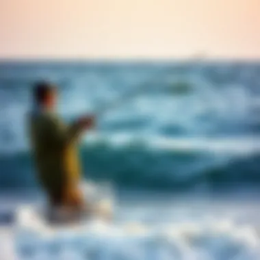 Effective Casting Techniques for Surf Fishing An angler casting a long line into the surf, demonstrating effective techniques for long-distance fishing.