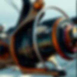Close-up view of a high-performance surf spinning reel showcasing intricate design details.