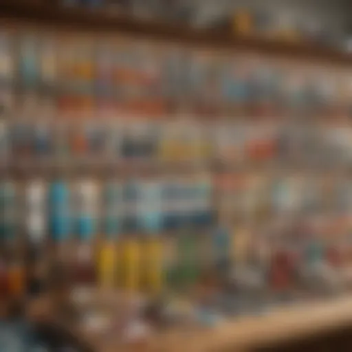 An array of colorful epoxy repair kits for surfboards displayed on a surf shop counter