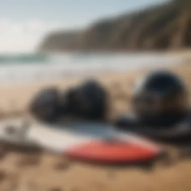 Essential Surf Gear Essential surf gear displayed on a sandy beach, showcasing the must-haves for surfers.