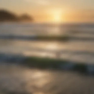 A serene ocean view with surfers paddling out at sunrise, symbolizing the connection with nature.