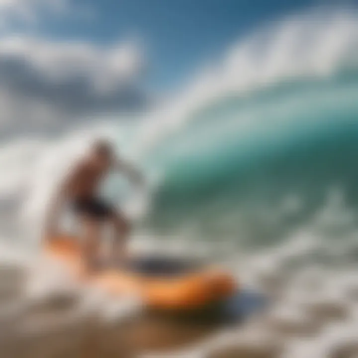 An inflatable boogie board in action on a vibrant wave, illustrating usability in surfing