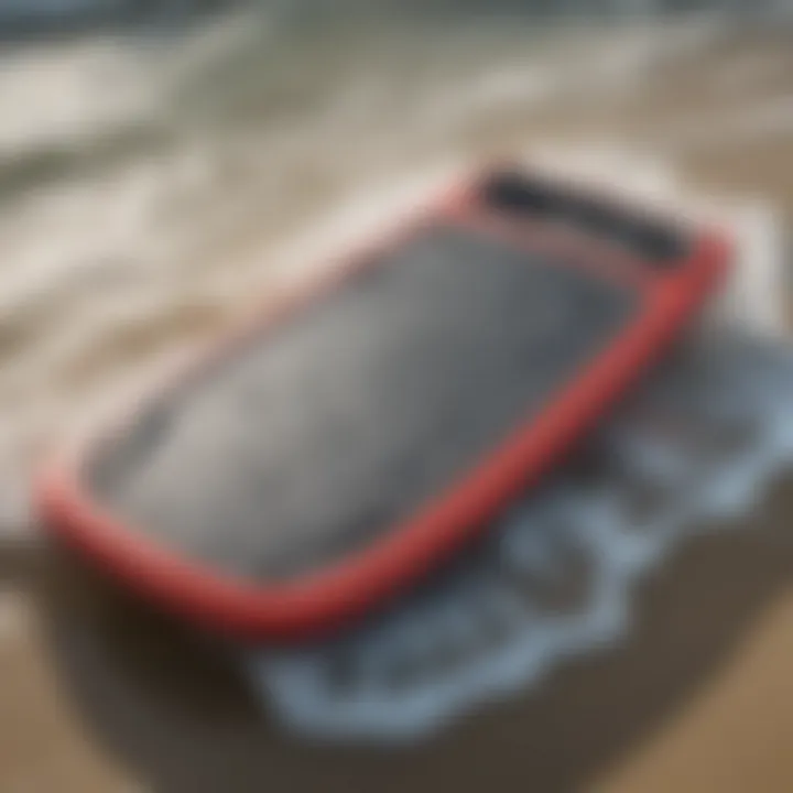 A close-up view of a blow up boogie board showcasing its material texture and design features