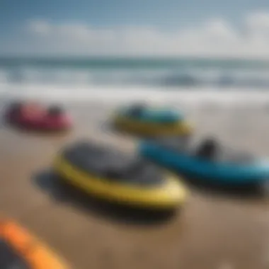 A variety of blow up boogie boards lined up, highlighting different styles and innovations