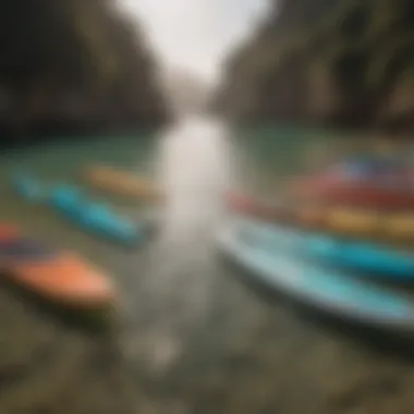Comparison of SUP Board Sizes Different sizes of stand-up paddle boards arranged side by side.