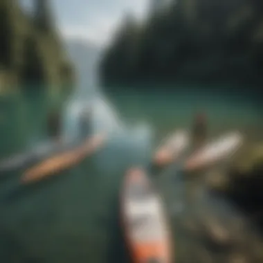 A tranquil lake scene illustrating various SUP board types in use.