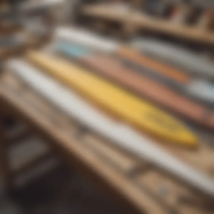 An assortment of surfboard materials laid out on a workbench