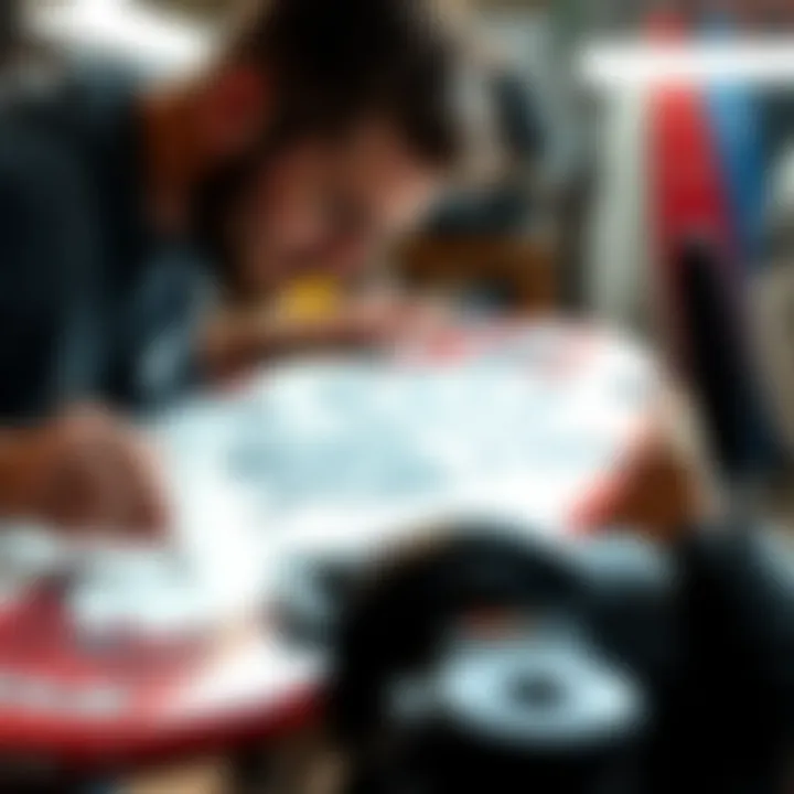 An artist customizing a boogie board with intricate patterns