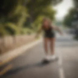 An elegant dancer longboarding on a picturesque street