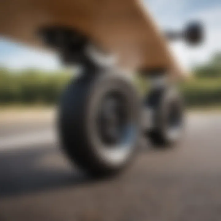 Close-up of longboard gear showcasing wheels and deck